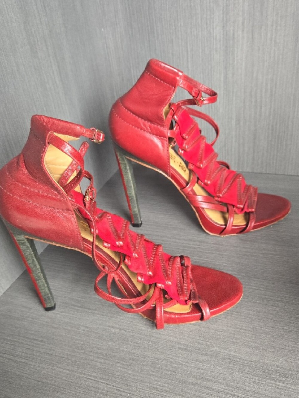 L.A.M.B. Red Suede Lace-Up Strappy Heels - Picture 4 of 5